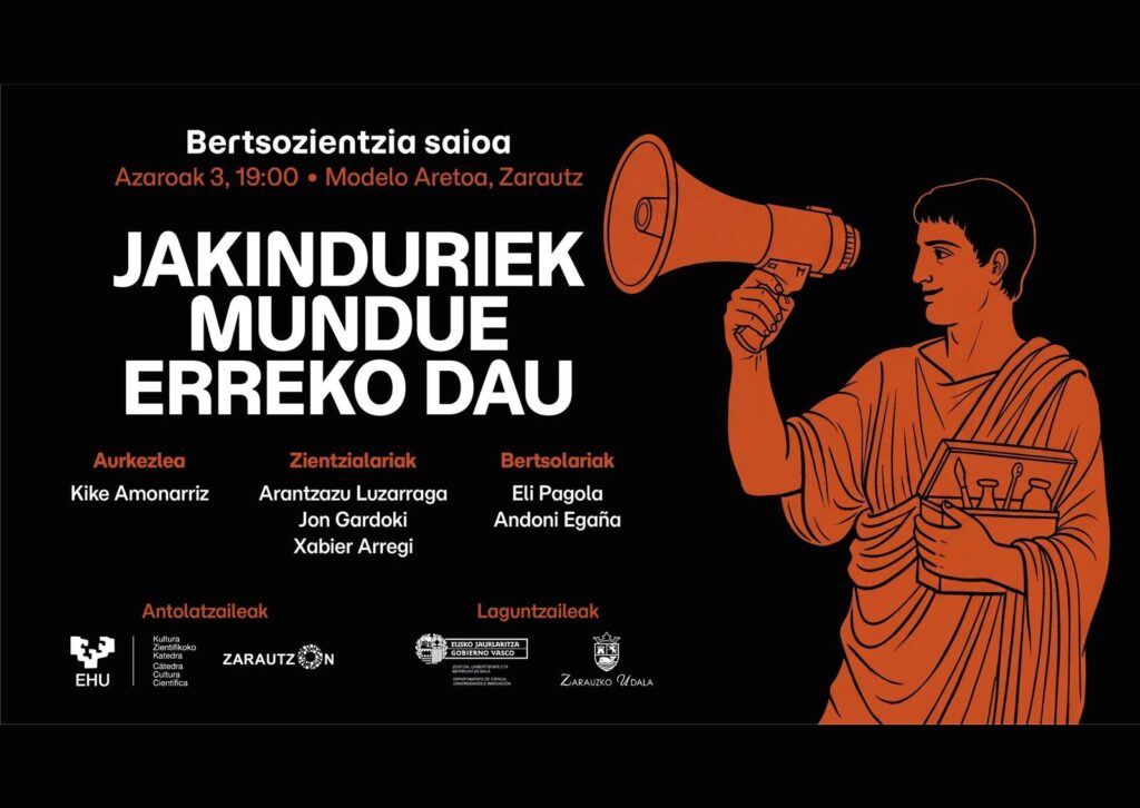 Cartel de la charla «Jakinduriek mundue erreko dau», bertsozientzia en Zarautz el 3 de noviembre, 19:00, Modelo Aretoa