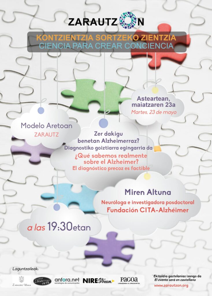 Cartel de la charla «¿Qué sabemos realmente sobre el Alzheimer?» con Miren Altuna, 23 de mayo de 2023, Modelo Aretoa de Zarautz