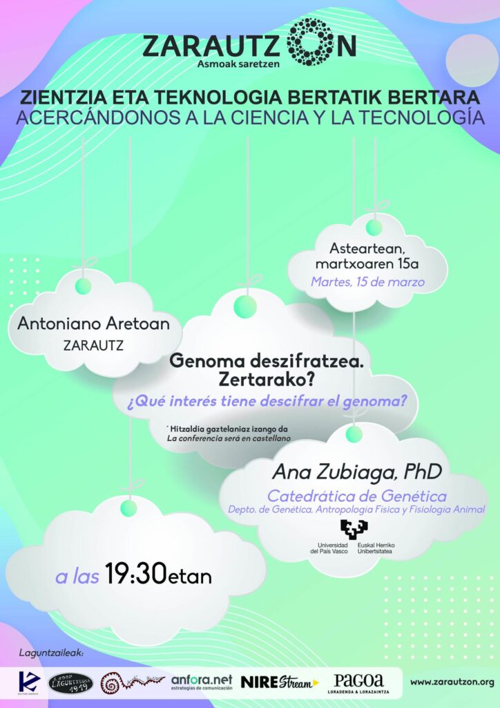 Cartel de la charla «¿Qué interés tiene descifrar el genoma?» con Ana Zubiaga, 15 de marzo de 2022, Antoniano Aretoa de Zarautz