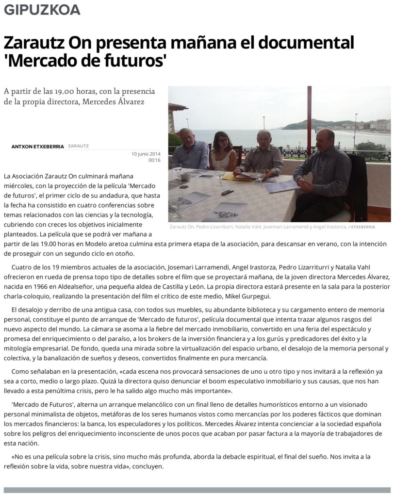 Diario Vascoren ebakina, 2014ko ekainaren 10a: «Zarautz On presenta mañana el documental 'Mercado de futuros'»