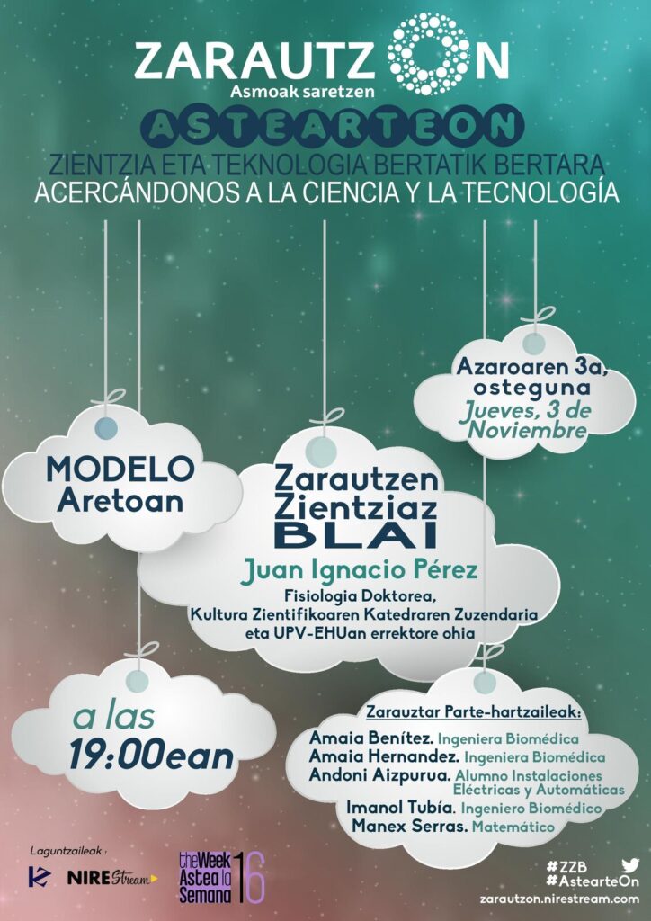 Cartel de Zarautzen Zientziaz Blai 2016, 3 de noviembre, Modelo Aretoa de Zarautz