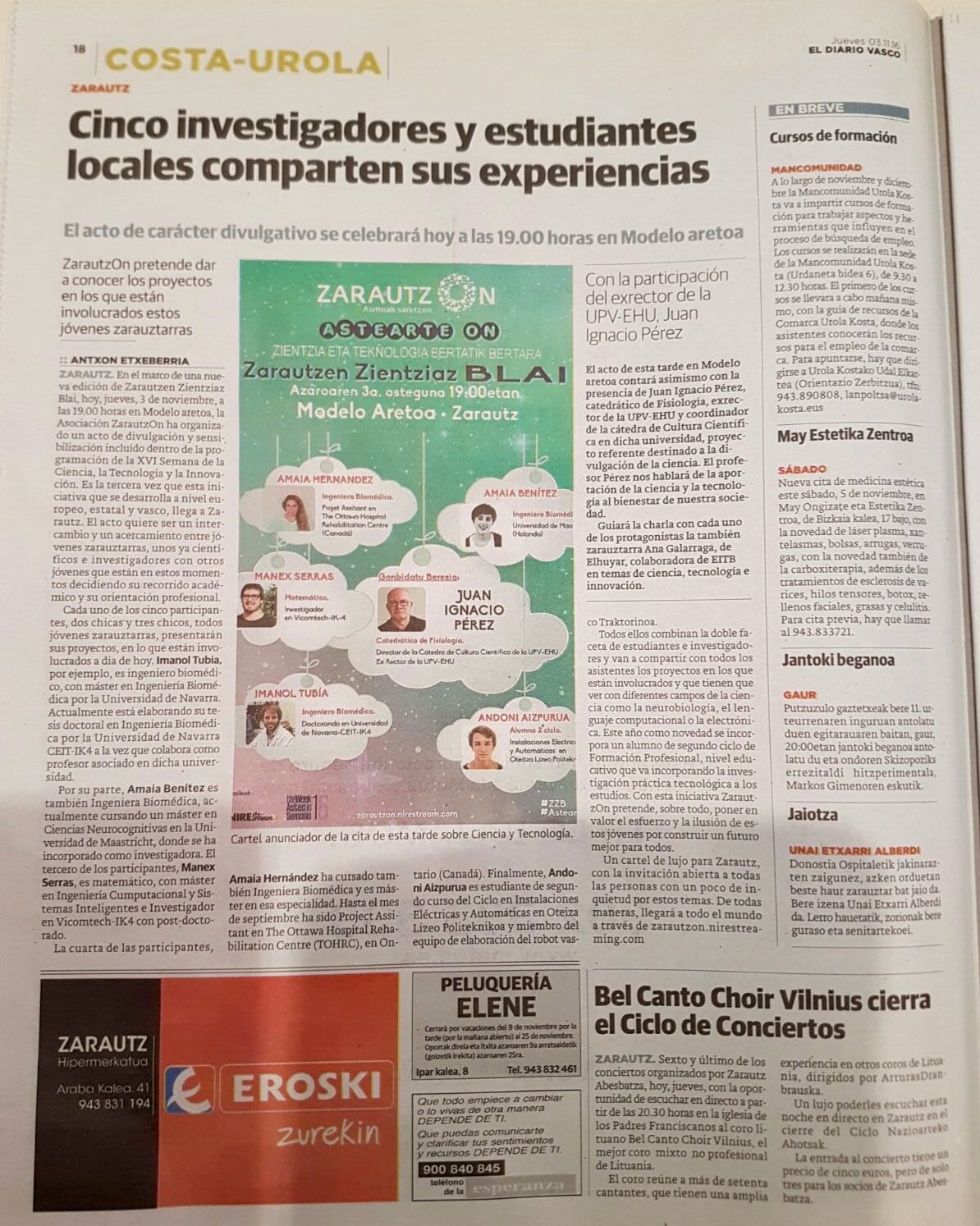Recorte de El Diario Vasco, 3 de noviembre de 2016: «Cinco investigadores y estudiantes locales comparten sus experiencias»