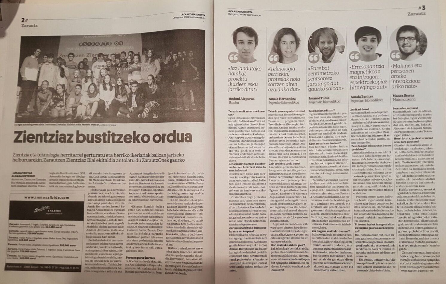 Recorte de Urola Kostako Hitza, 30 de octubre de 2016: «Zientziaz bustitzeko ordua»