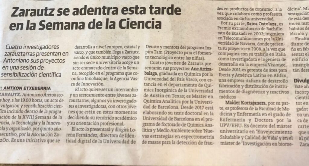 Diario Vascoren artikulua, 2018ko azaroaren 6koa, Zarautzen Zientziaz Blairi buruz
