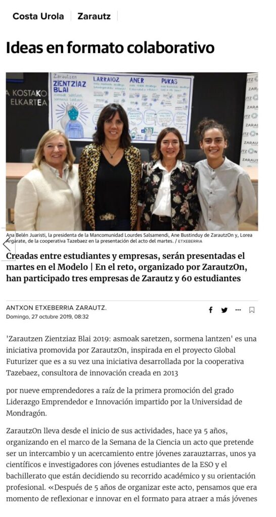 «Ideas en formato colaborativo» artikulua, Diario Vasco, 2019ko urriaren 27a (1. orrialdea)