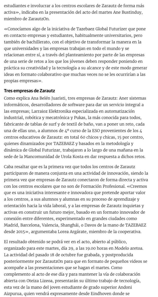 «Ideas en formato colaborativo» artikulua, Diario Vasco, 2019ko urriaren 27a (2. orrialdea)